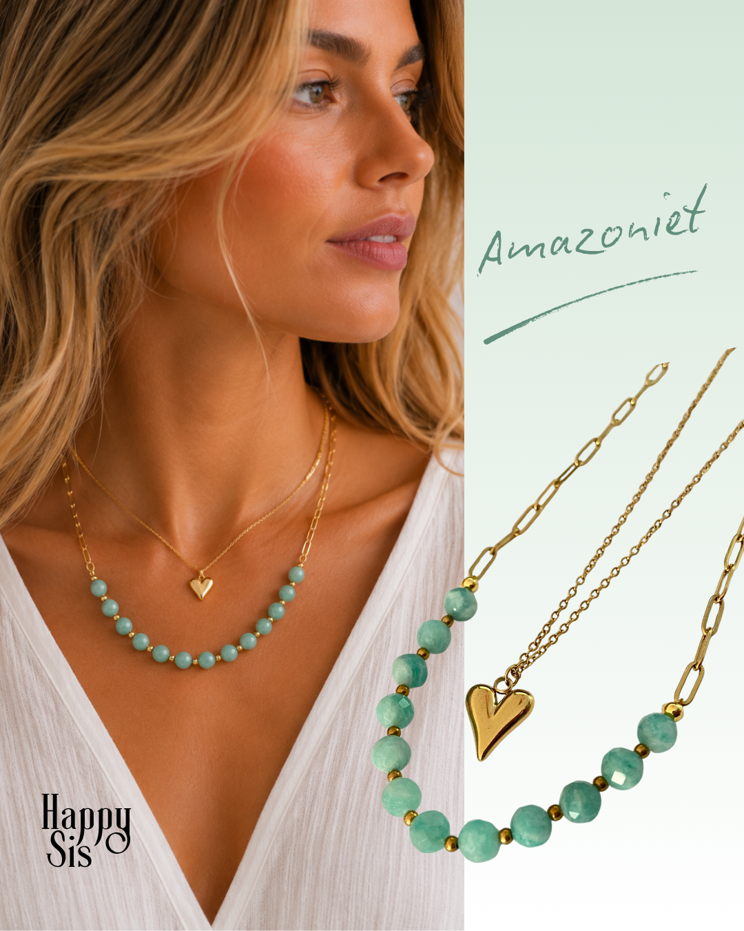 Amazoniet amazonite ketting necklace layered look stainless steel gold woman