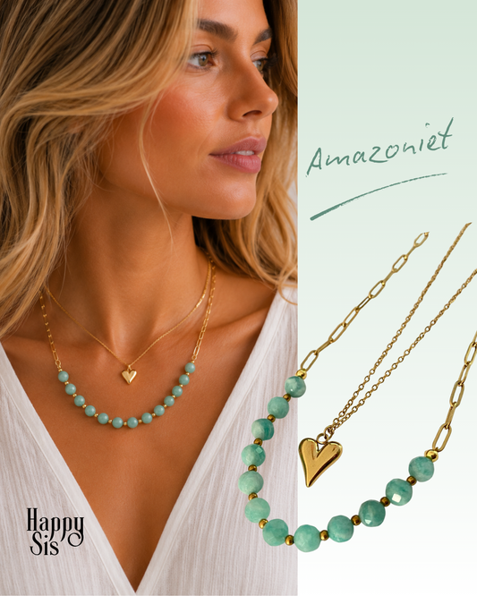 Amazoniet amazonite ketting necklace layered look stainless steel gold woman