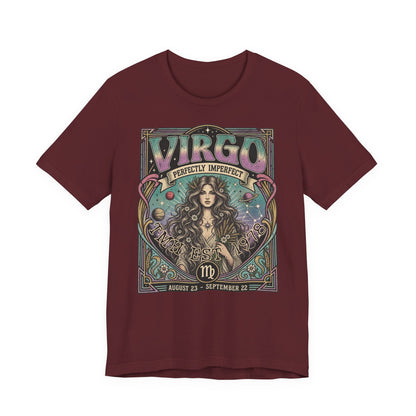 Gepersonaliseerd Virgo T-shirt met astrologisch vintage design, sterrenbeeld Maagd, naam en geboortejaar — uniek shirt voor Virgo’s en astrologieliefhebbers.