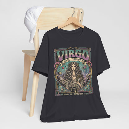 Gepersonaliseerd Virgo T-shirt met astrologisch vintage design, sterrenbeeld Maagd, naam en geboortejaar — uniek shirt voor Virgo’s en astrologieliefhebbers. kado
