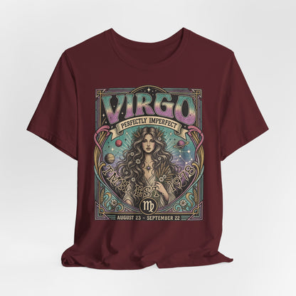 Gepersonaliseerd Virgo T-shirt met astrologisch vintage design, sterrenbeeld Maagd, naam en geboortejaar — uniek shirt voor Virgo’s en astrologieliefhebbers.