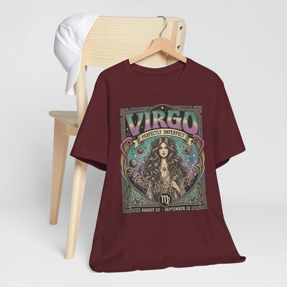 Gepersonaliseerd Virgo T-shirt met astrologisch vintage design, sterrenbeeld Maagd, naam en geboortejaar — uniek shirt voor Virgo’s en astrologieliefhebbers.