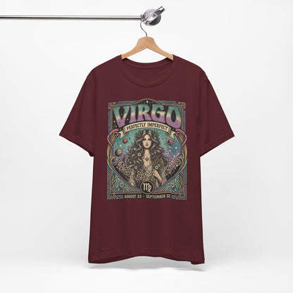 Gepersonaliseerd Virgo T-shirt met astrologisch vintage design, sterrenbeeld Maagd, naam en geboortejaar — uniek shirt voor Virgo’s en astrologieliefhebbers.