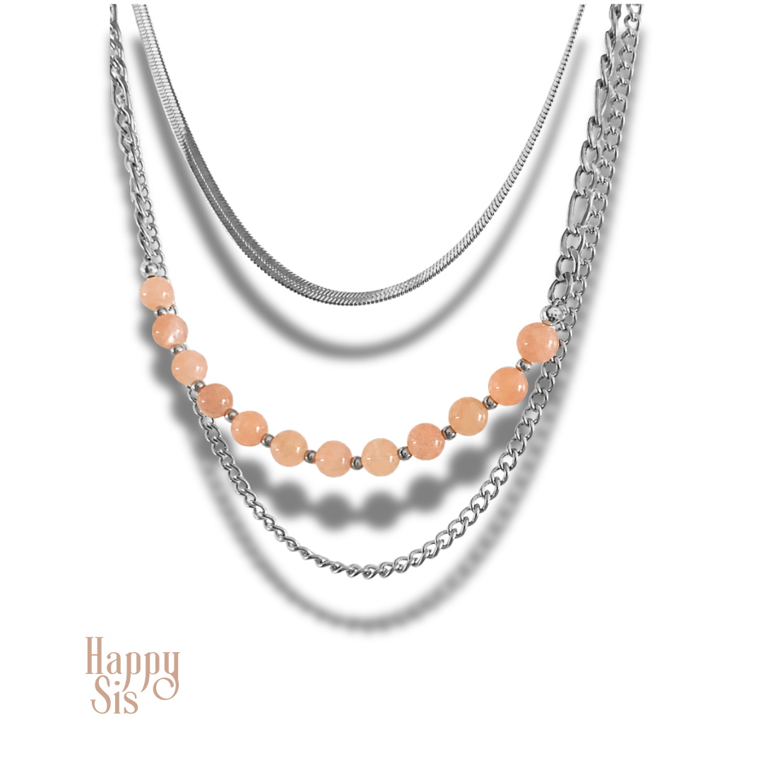 Peach Maansteen, Moss Agaat, Pink Opaal – Layered kettingset | Soft feminine glow