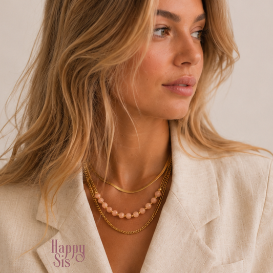 Peach Maansteen, Moss Agaat, Pink Opaal – Layered kettingset | Soft feminine glow